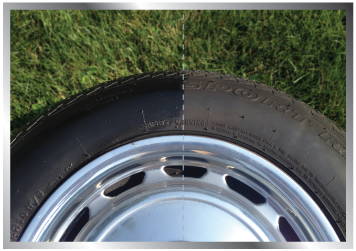 tire split in half showing both a clean side and dirty side