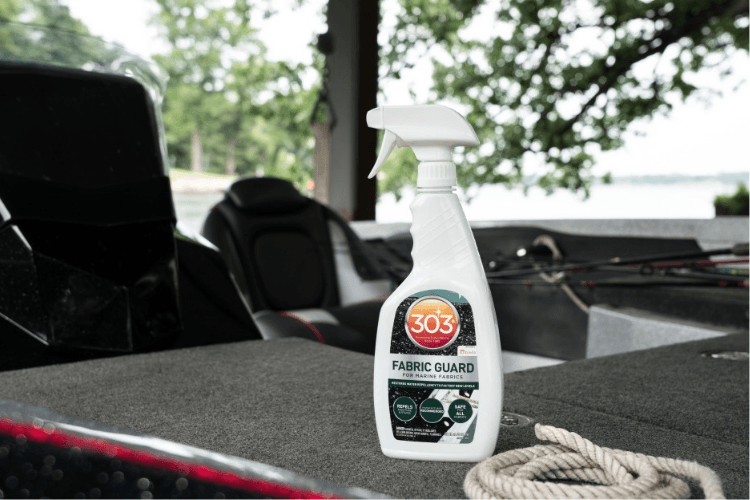 if you worry about the cushions on your boat every time it rains—because you don’t want them soaked or covered in water spots—303 Fabric Guard has you covered.