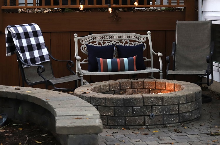 Patio Set Sunbrella Pillows Party Lights Fire Pit 5 min