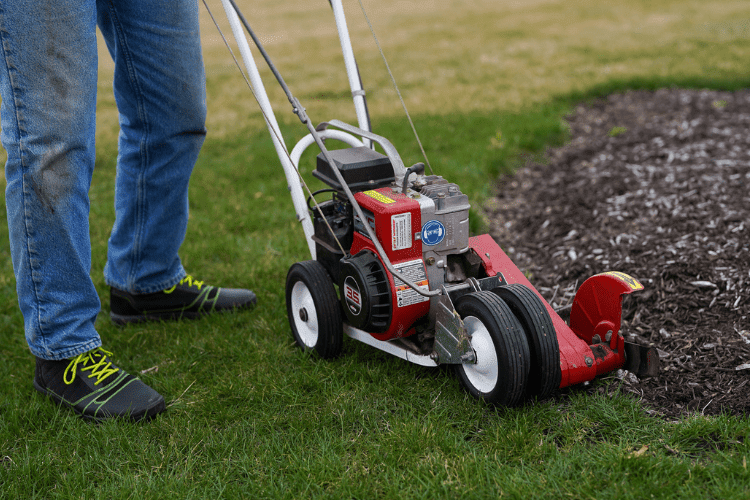 person with lawn edger close to flower bed