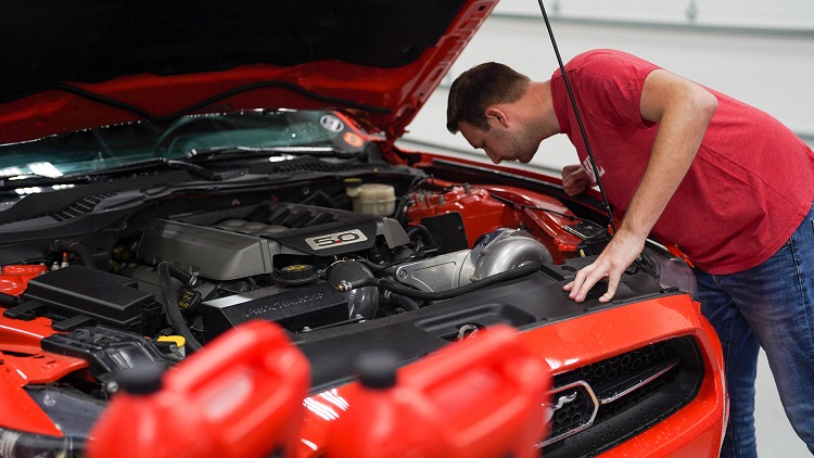 person looking closely under the hood of a car