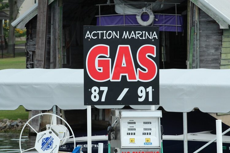 gasoline sign at marina with 87 and 91 octane advertised