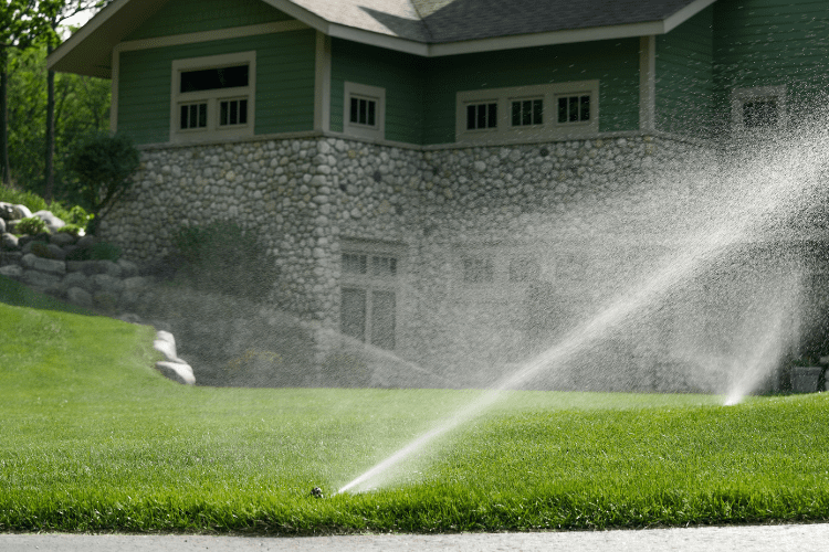 automatic sprinklers watering lawn on timer