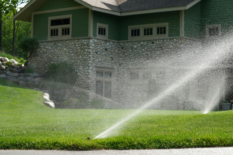 automatic sprinklers watering lawn on timer